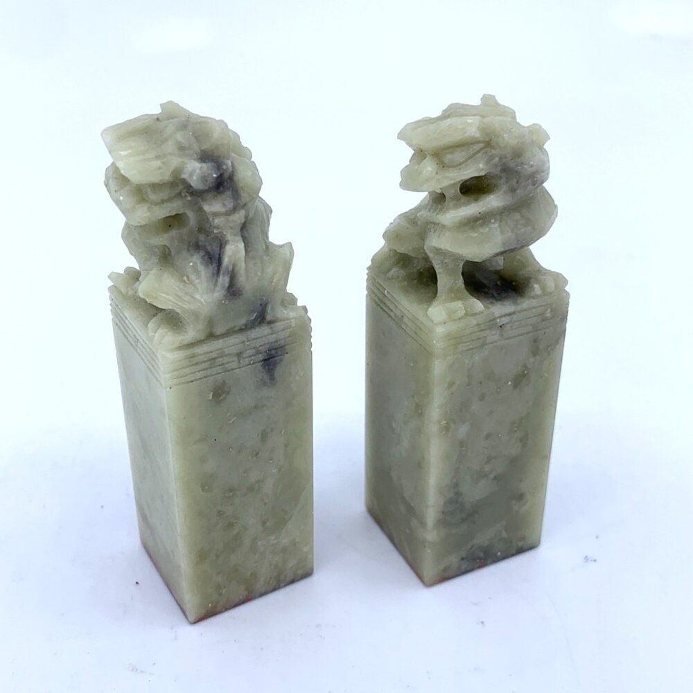 Vintage Chinese Soapstone Foo Dog Seal Pair DRAGON & EXCELLENT 2.5" Carved Chop - Picture 2 of 9